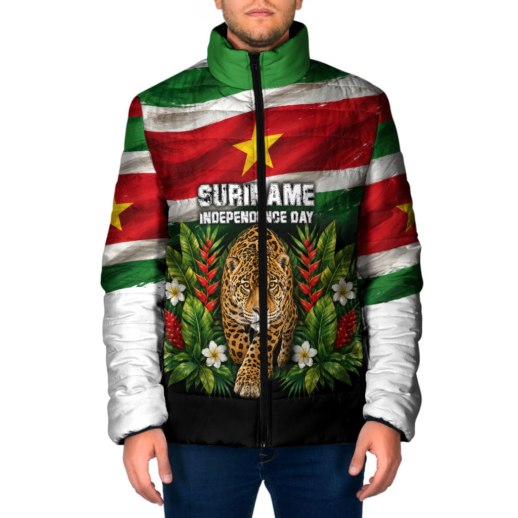 Suriname Independence Day Jaguar Padded Jacket Tropical Jungle Wildlife And Patriotic Flag