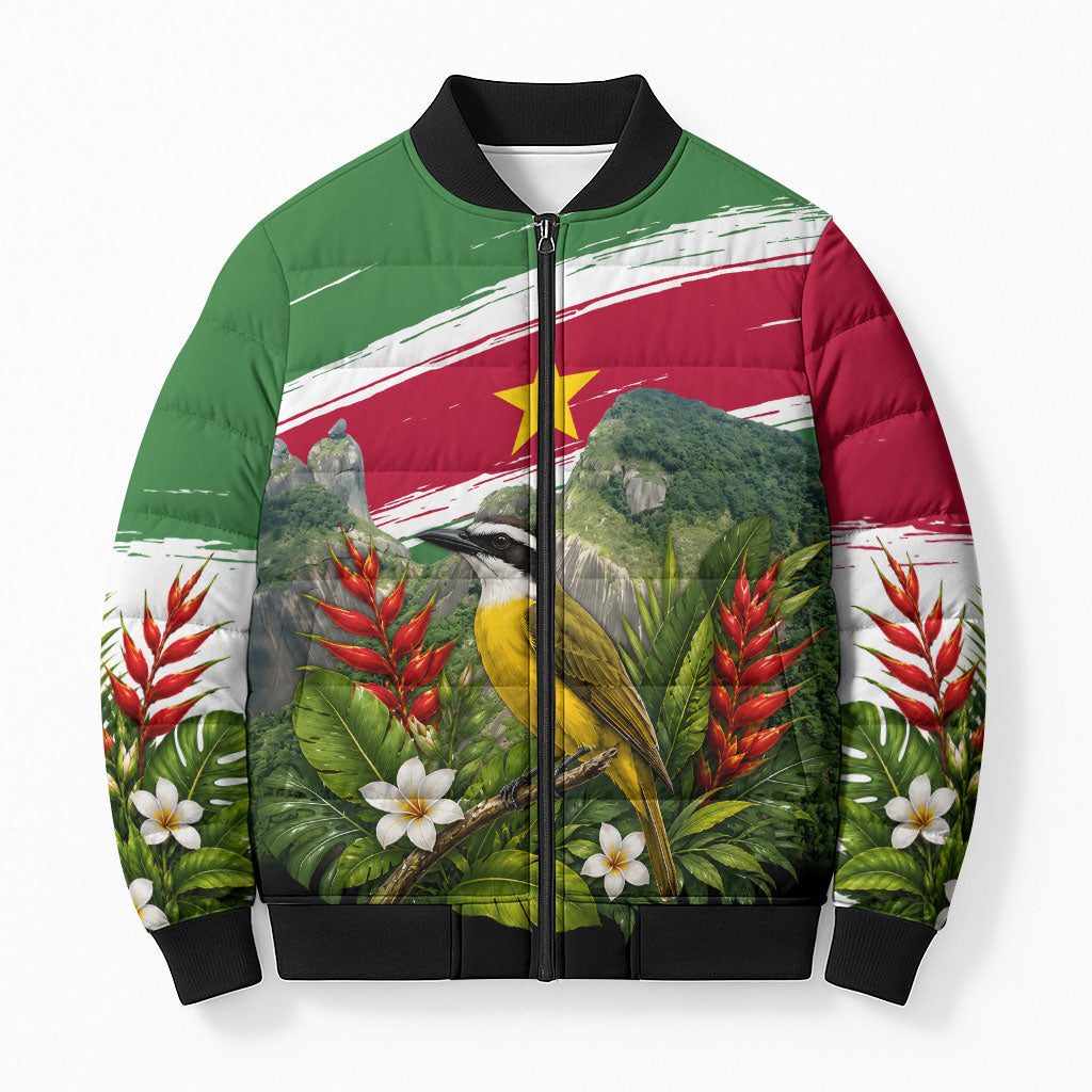 Suriname Independence Day Bomber Puffer Jacket Tropical Jungle Bird And Patriotic Flag