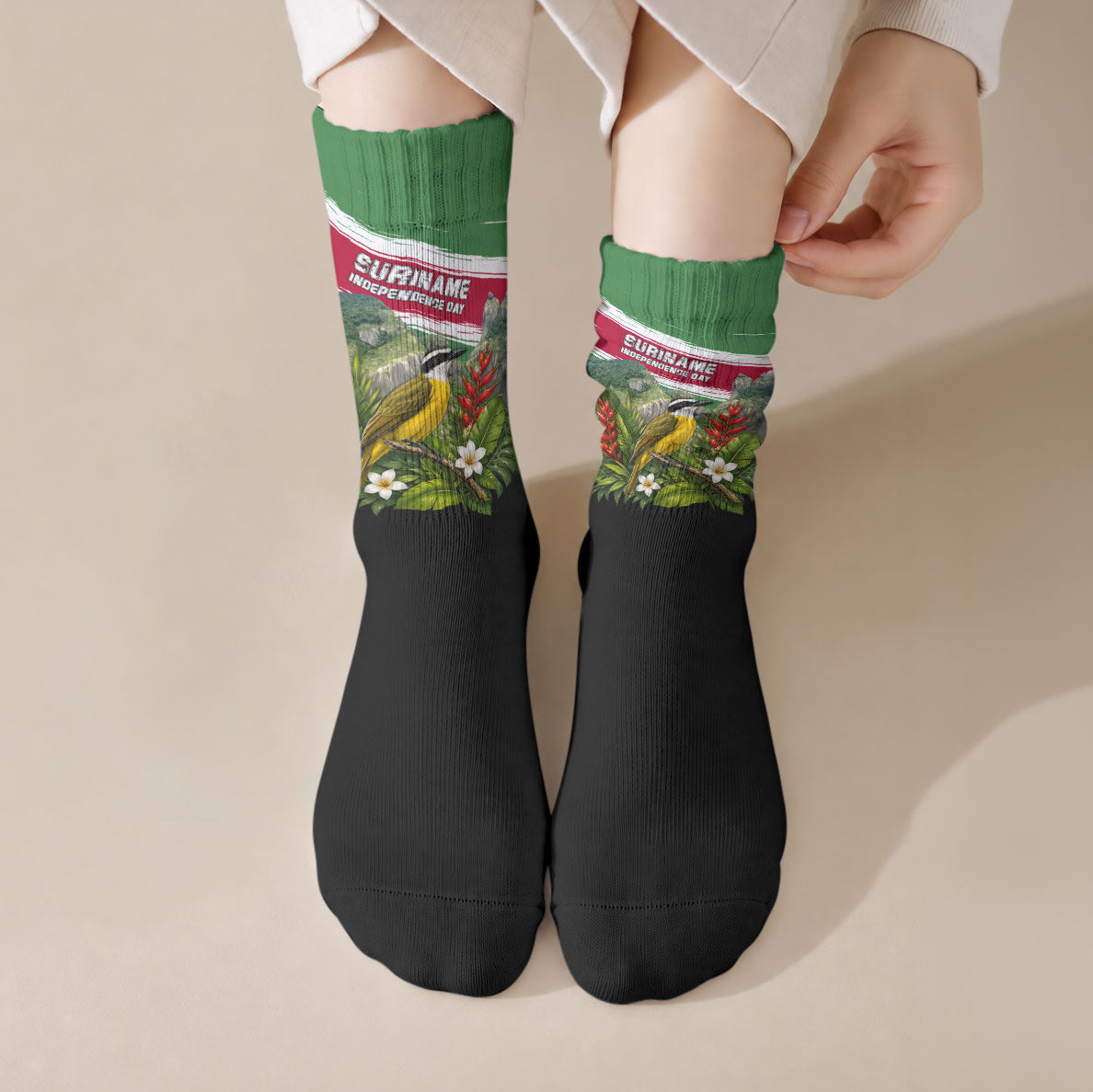 Suriname Independence Day Crew Socks Tropical Jungle Bird And Patriotic Flag
