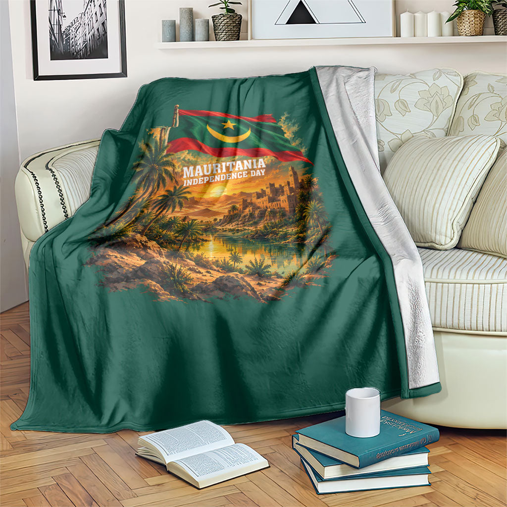 Mauritania Independence Day Blanket Camel Scenic Desert Oasis And Patriotic Flag