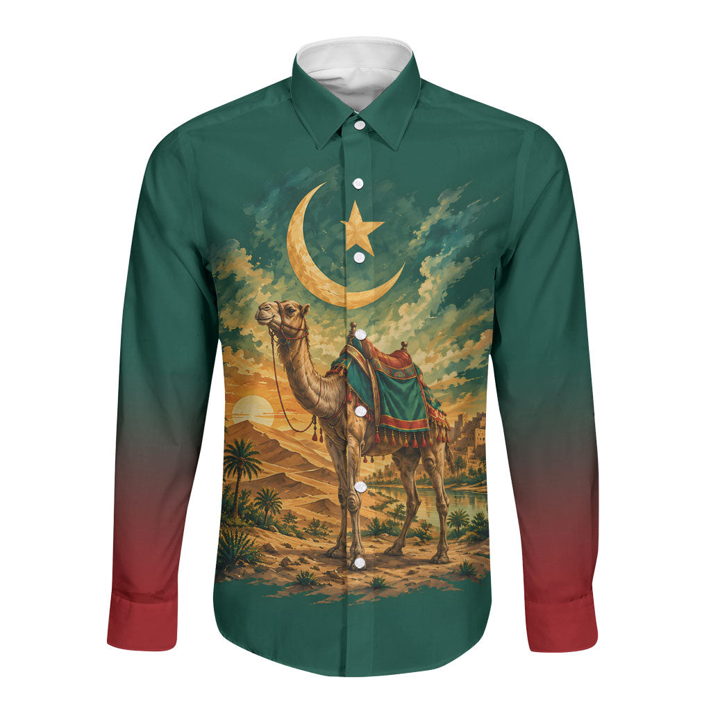 Mauritania Independence Day Long Sleeve Button Shirt Camel Scenic Desert Oasis And Patriotic Flag