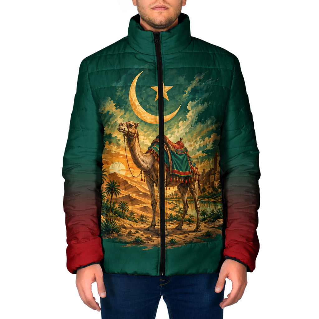 Mauritania Independence Day Padded Jacket Camel Scenic Desert Oasis And Patriotic Flag