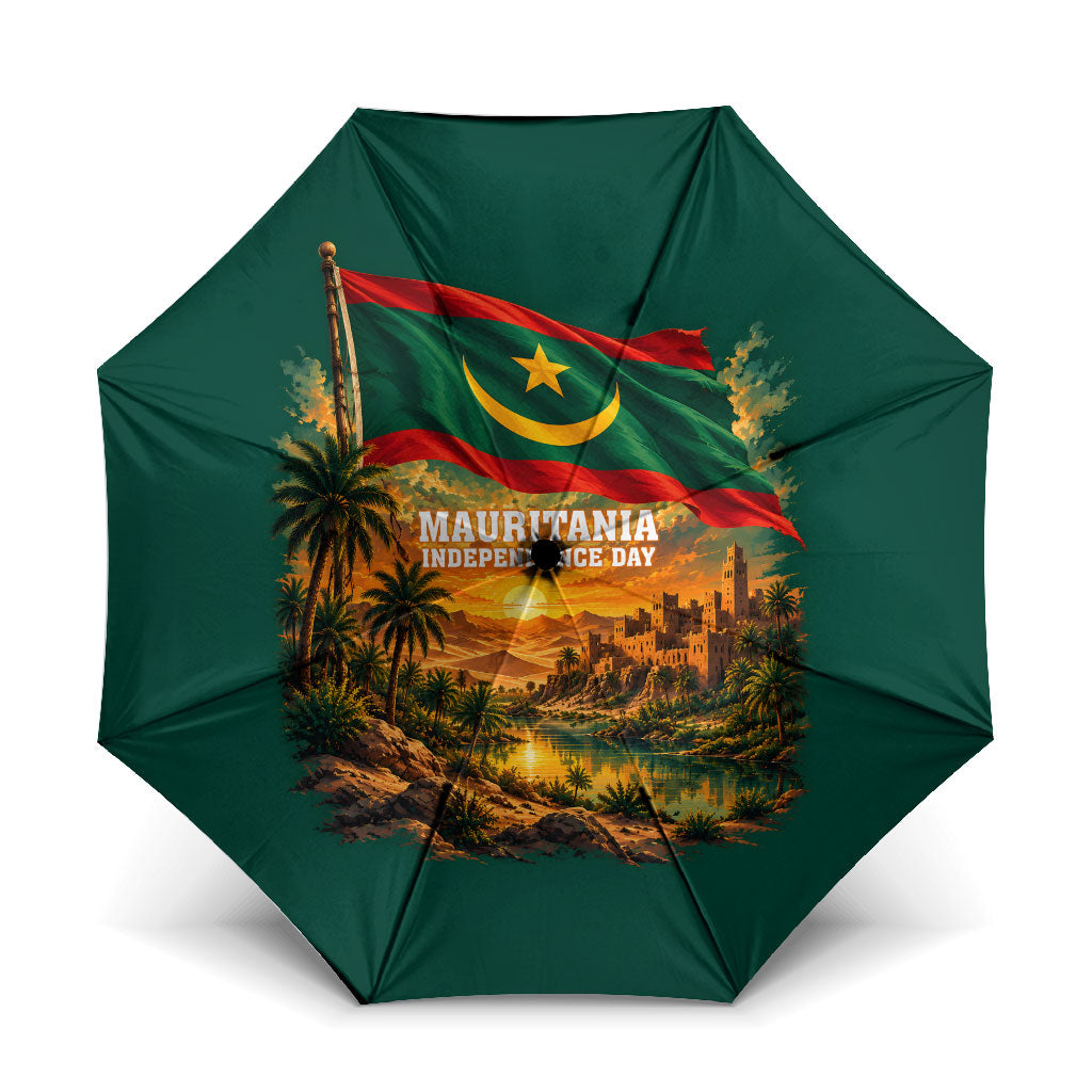 Mauritania Independence Day Umbrella Camel Scenic Desert Oasis And Patriotic Flag