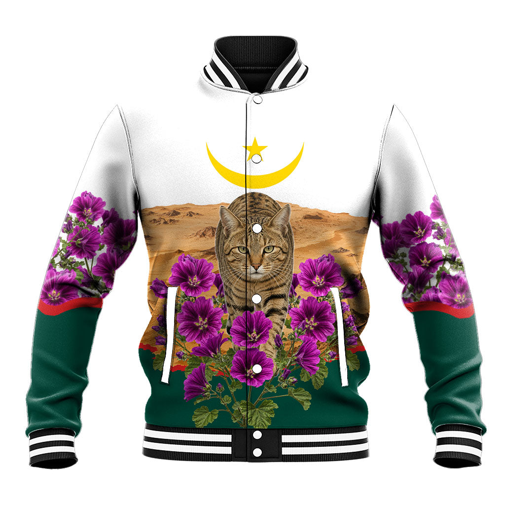 Mauritania Independence Day Cat Baseball Jacket Desert Landscape Floral And Patriotic Emblem