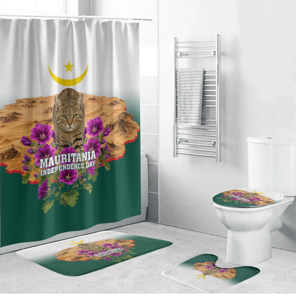 Mauritania Independence Day Cat Bathroom Set Desert Landscape Floral And Patriotic Emblem