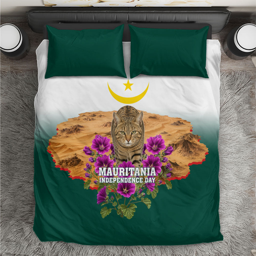 Mauritania Independence Day Cat Bedding Set Desert Landscape Floral And Patriotic Emblem