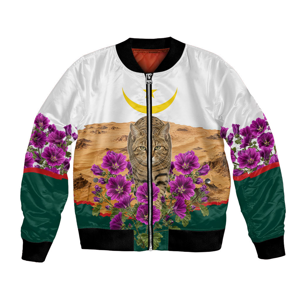 Mauritania Independence Day Cat Bomber Jacket Desert Landscape Floral And Patriotic Emblem