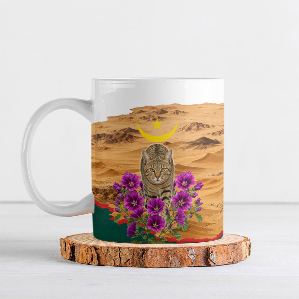 Mauritania Independence Day Cat Ceramic Mug Desert Landscape Floral And Patriotic Emblem