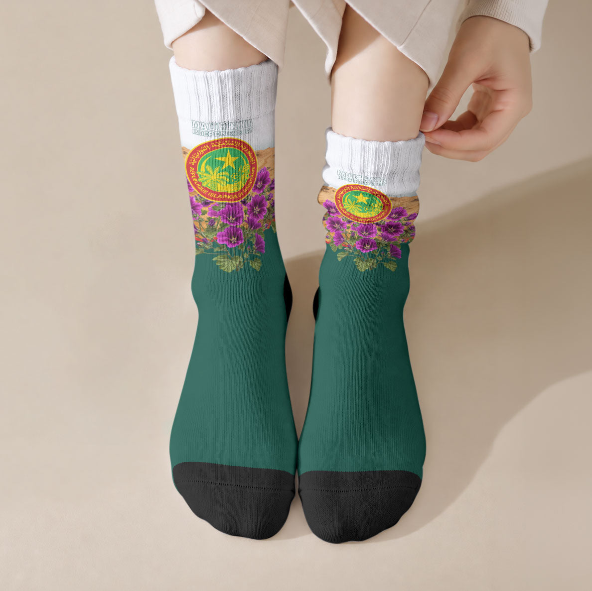 Mauritania Independence Day Cat Crew Socks Desert Landscape Floral And Patriotic Emblem