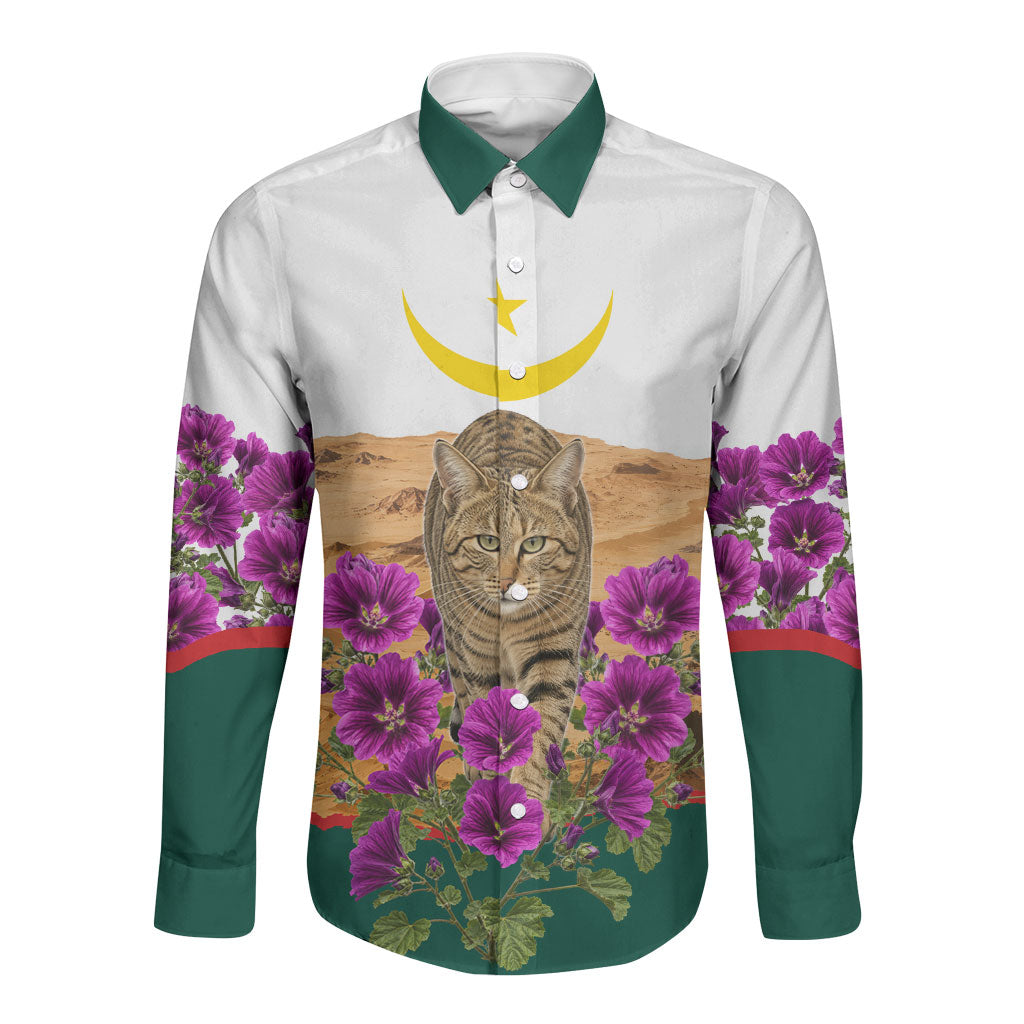 Mauritania Independence Day Cat Long Sleeve Button Shirt Desert Landscape Floral And Patriotic Emblem