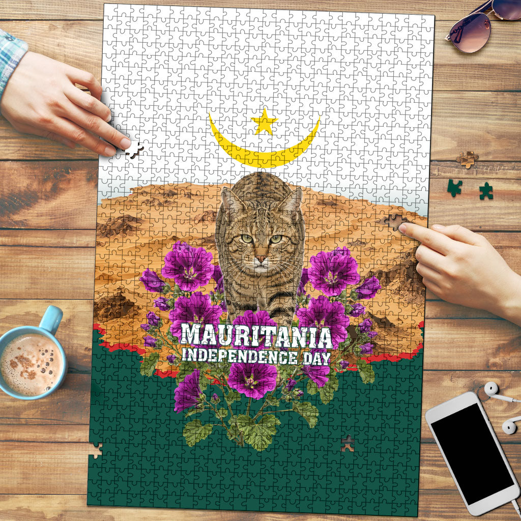 Mauritania Independence Day Cat Puzzle Desert Landscape Floral And Patriotic Emblem