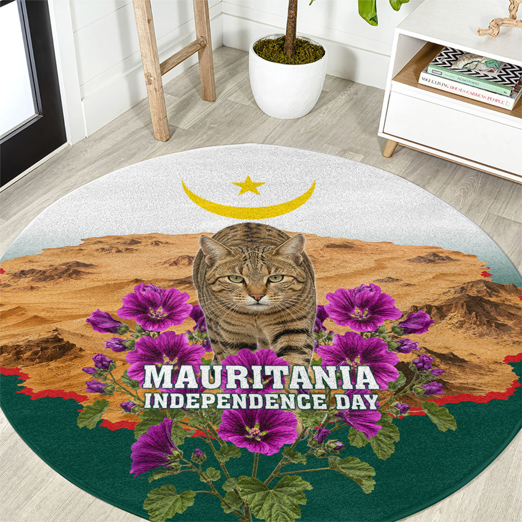 Mauritania Independence Day Cat Round Carpet Desert Landscape Floral And Patriotic Emblem