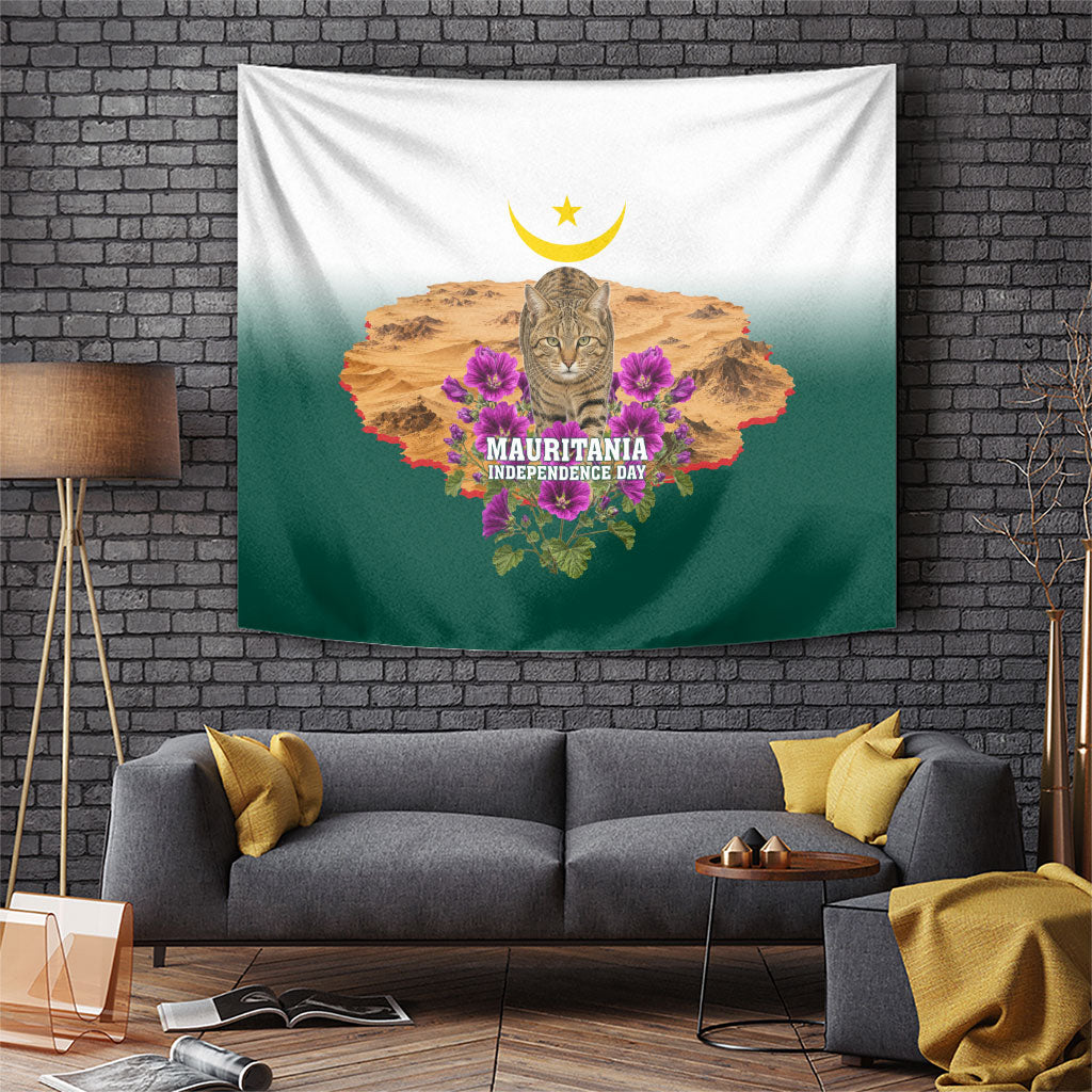 Mauritania Independence Day Cat Tapestry Desert Landscape Floral And Patriotic Emblem