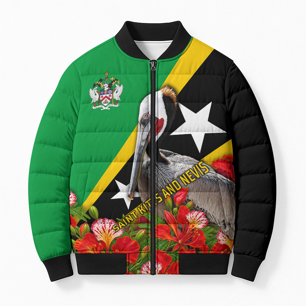 Saint Kitts And Nevis Above Self Bomber Puffer Jacket Caribbean Heritage Flag Pelican Floral Graphic