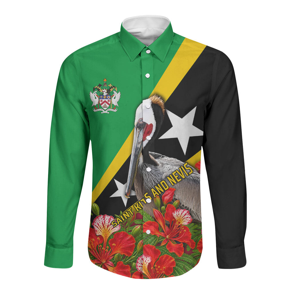 Saint Kitts And Nevis Above Self Long Sleeve Button Shirt Caribbean Heritage Flag Pelican Floral Graphic