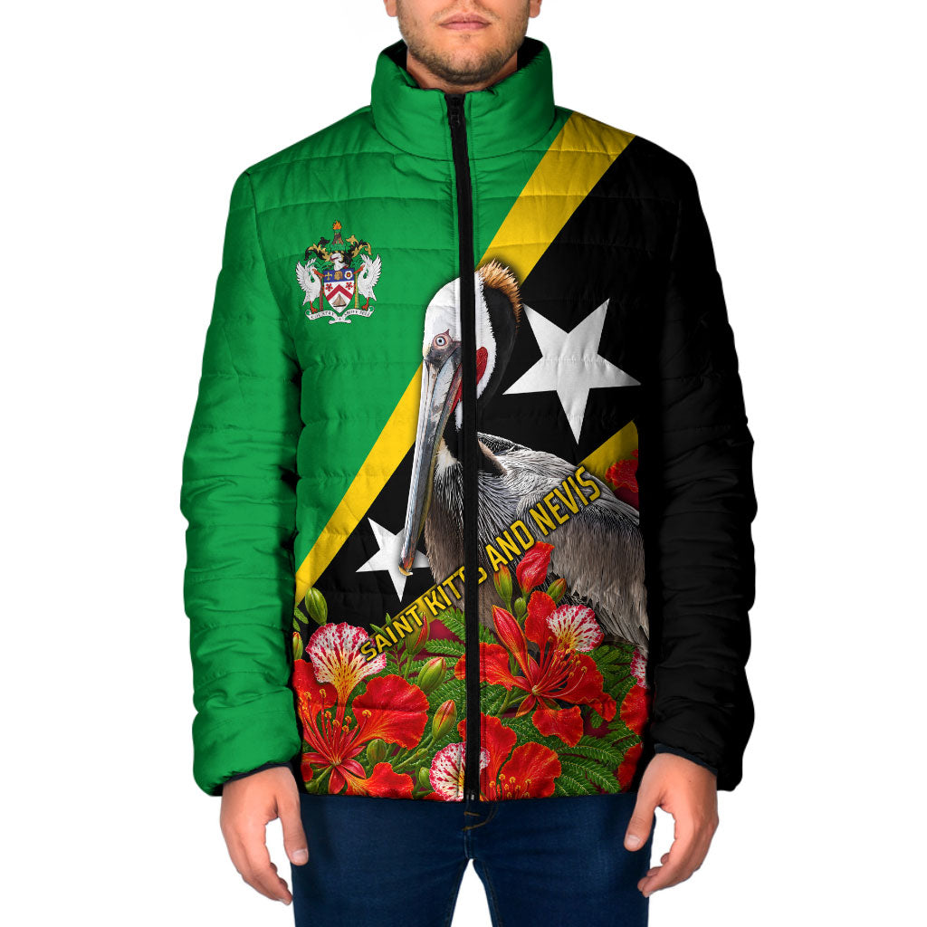 Saint Kitts And Nevis Above Self Padded Jacket Caribbean Heritage Flag Pelican Floral Graphic