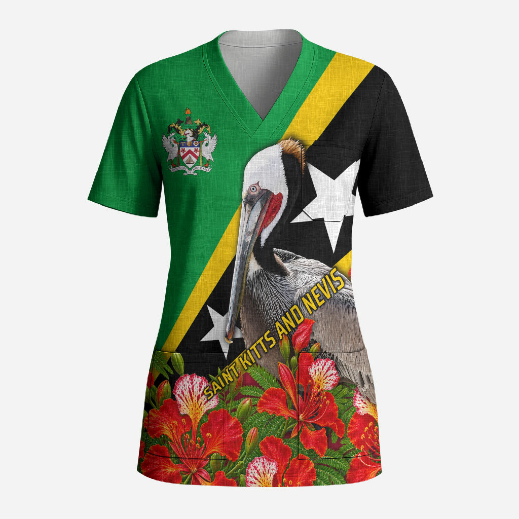 Saint Kitts And Nevis Above Self Scrub Top Caribbean Heritage Flag Pelican Floral Graphic