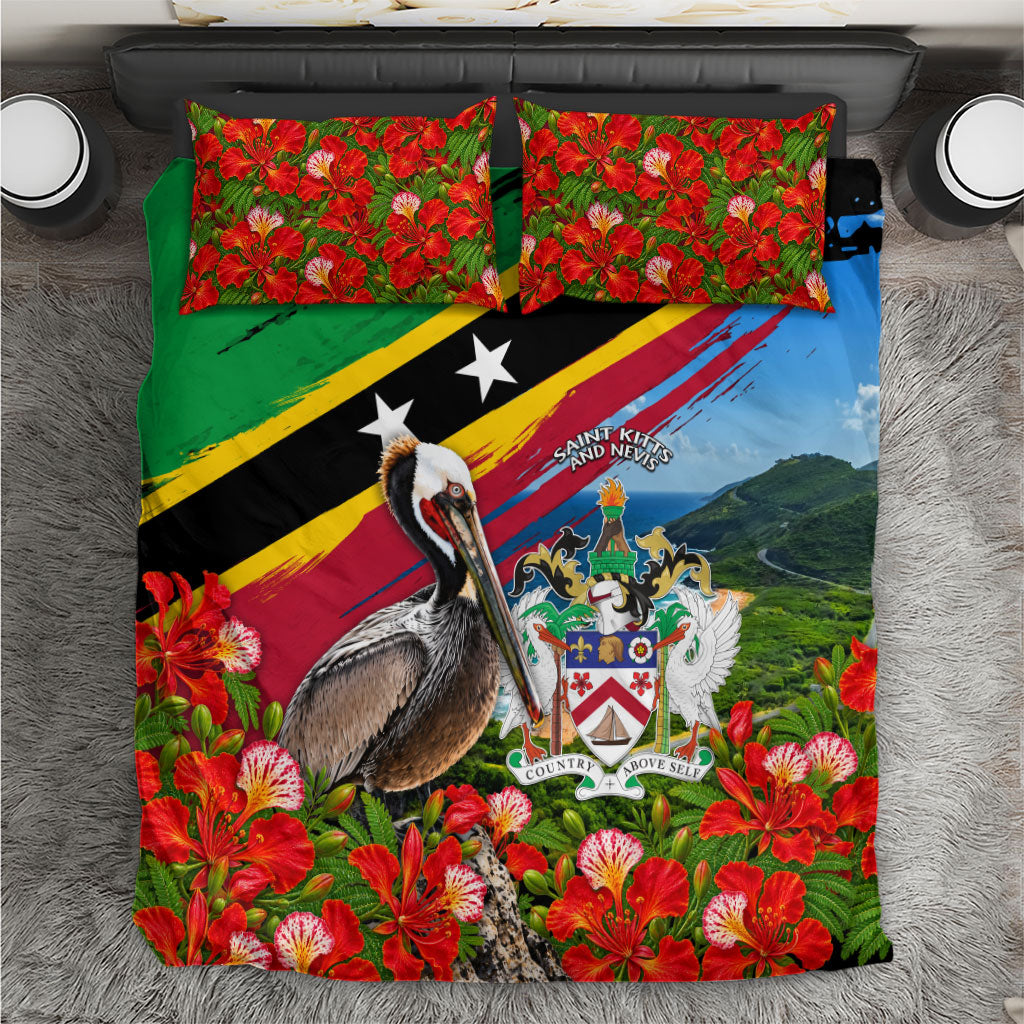 Saint Kitts And Nevis Bedding Set Caribbean Pride Tropical Island Map Pelican Floral