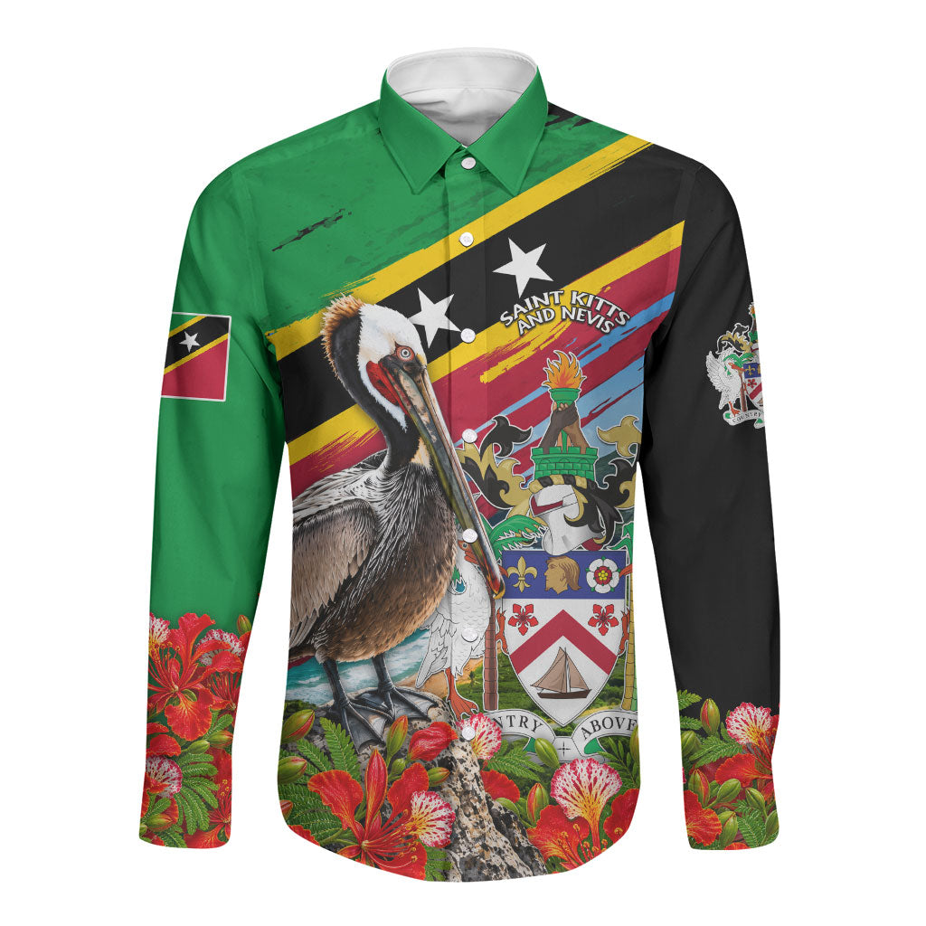 Saint Kitts And Nevis Long Sleeve Button Shirt Caribbean Pride Tropical Island Map Pelican Floral