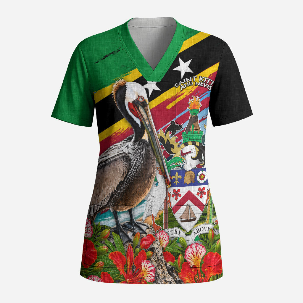 Saint Kitts And Nevis Scrub Top Caribbean Pride Tropical Island Map Pelican Floral