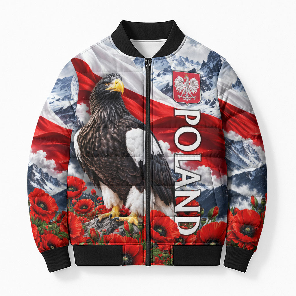 Poland White Eagle Bomber Puffer Jacket Coat Of Arms Patriotic Flag Red Poppies