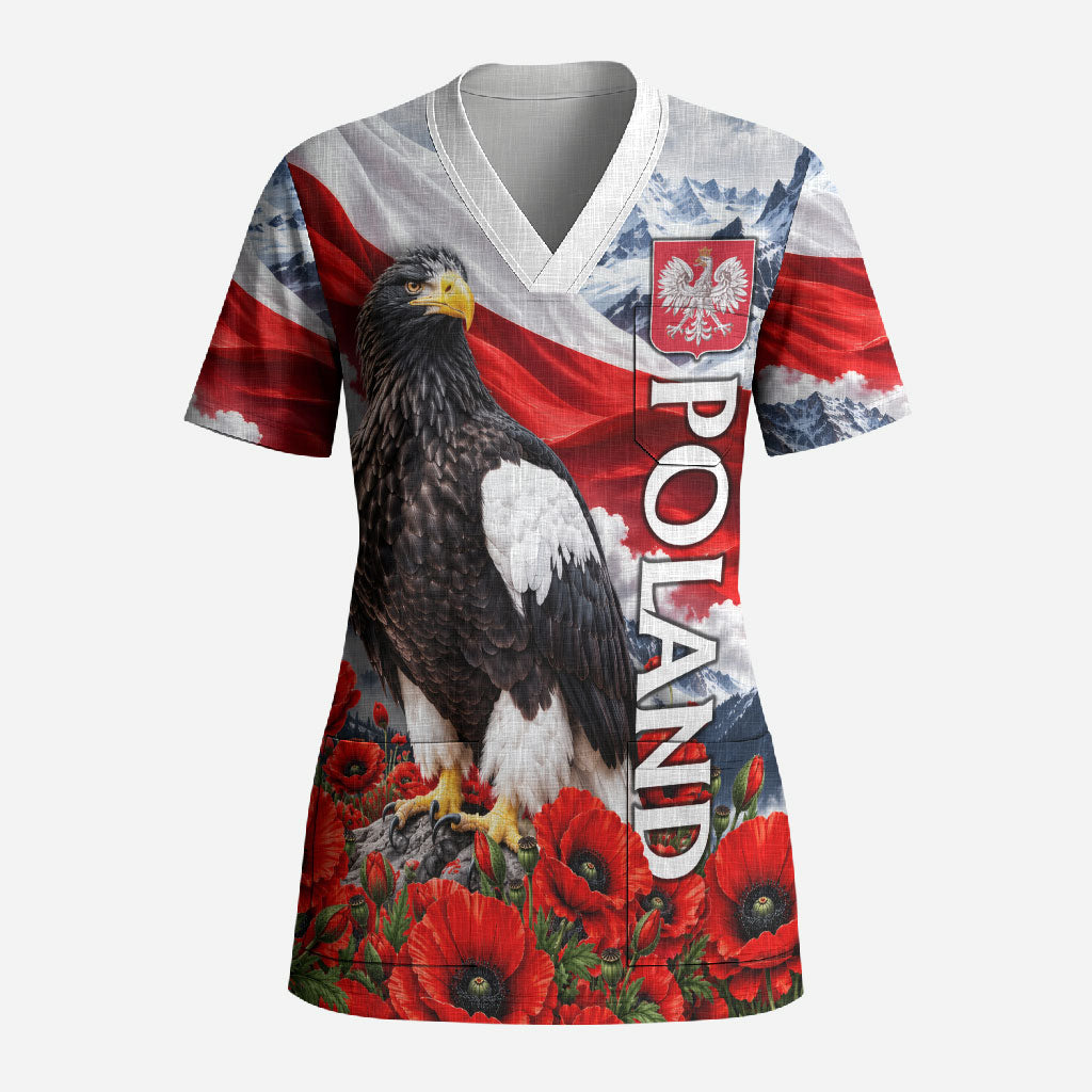 Poland White Eagle Scrub Top Coat Of Arms Patriotic Flag Red Poppies