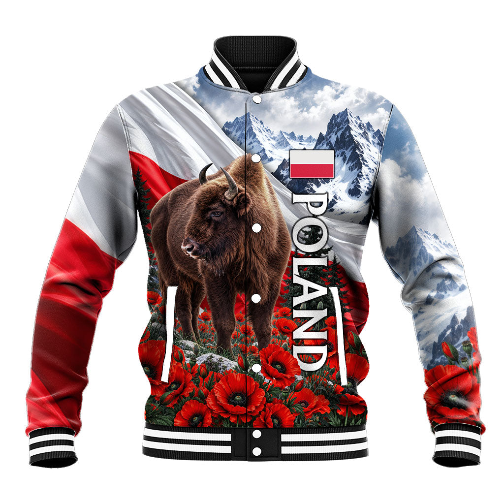 Poland Bison White Eagle Baseball Jacket Patriotic Flag Red Poppies Fighter Jet Mountain