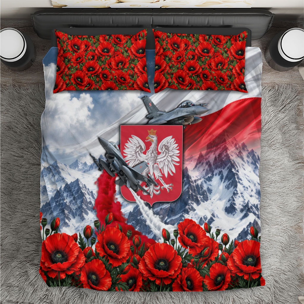 Poland Bison White Eagle Bedding Set Patriotic Flag Red Poppies Fighter Jet Mountain