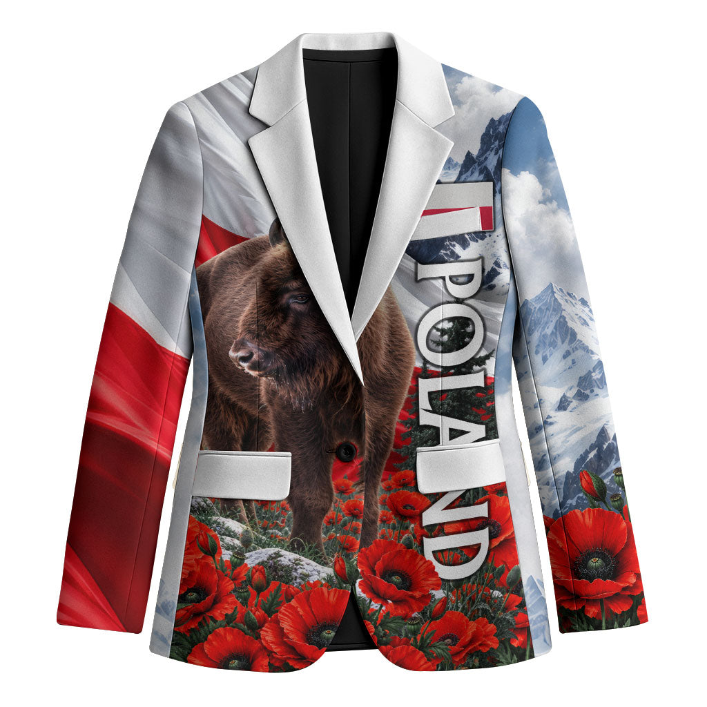 Poland Bison White Eagle Blazer Patriotic Flag Red Poppies Fighter Jet Mountain