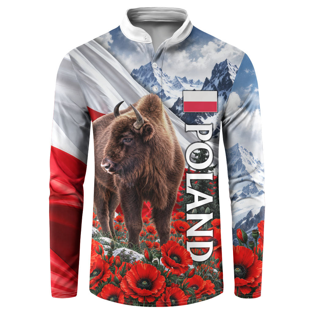 Poland Bison White Eagle Button Sweatshirt Patriotic Flag Red Poppies Fighter Jet Mountain