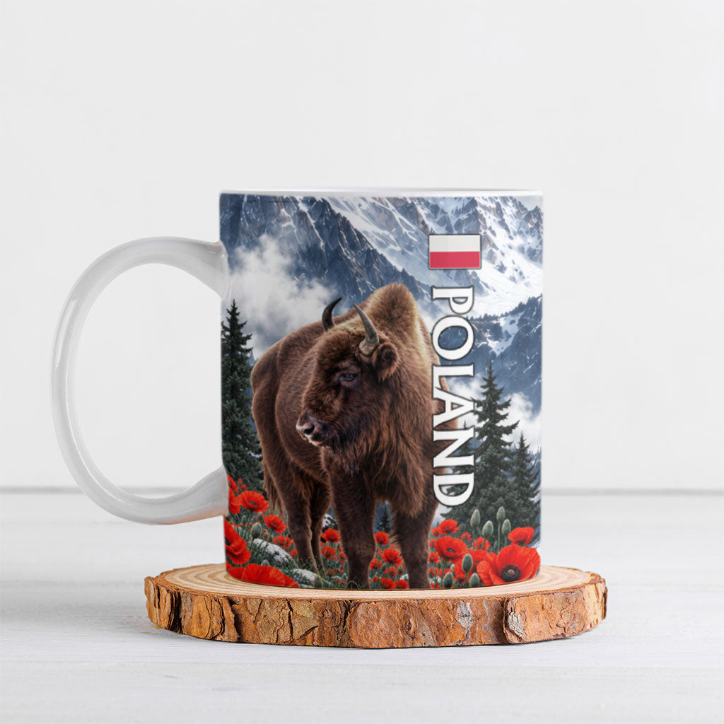 Poland Bison White Eagle Ceramic Mug Patriotic Flag Red Poppies Fighter Jet Mountain