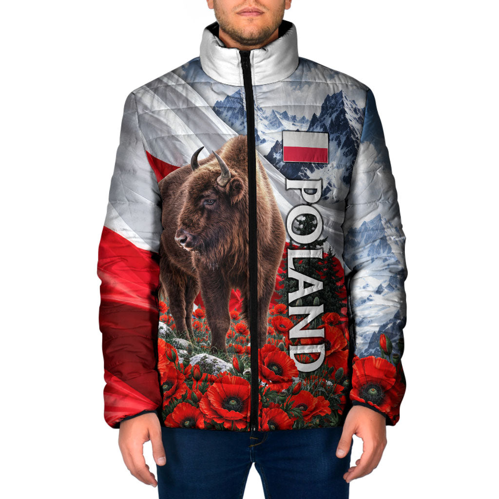 Poland Bison White Eagle Padded Jacket Patriotic Flag Red Poppies Fighter Jet Mountain