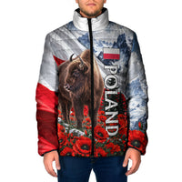 Poland Bison White Eagle Padded Jacket Patriotic Flag Red Poppies Fighter Jet Mountain