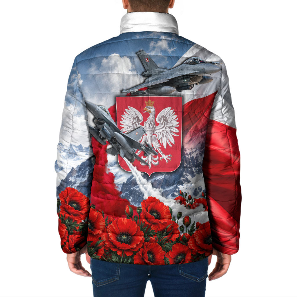 Poland Bison White Eagle Padded Jacket Patriotic Flag Red Poppies Fighter Jet Mountain
