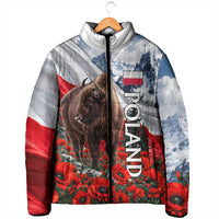 Poland Bison White Eagle Padded Jacket Patriotic Flag Red Poppies Fighter Jet Mountain
