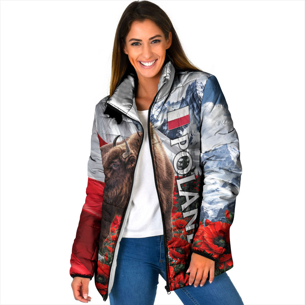 Poland Bison White Eagle Padded Jacket Patriotic Flag Red Poppies Fighter Jet Mountain