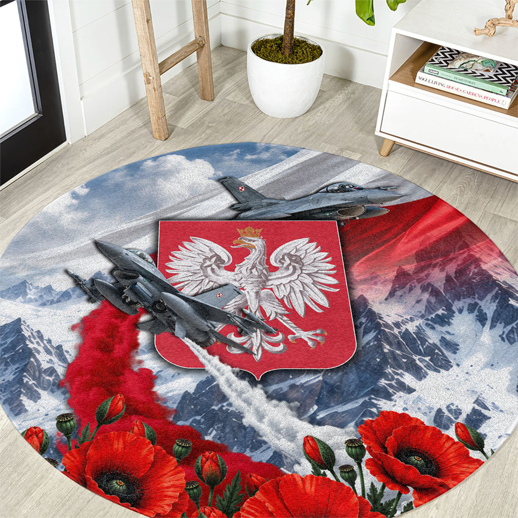 Poland Bison White Eagle Round Carpet Patriotic Flag Red Poppies Fighter Jet Mountain