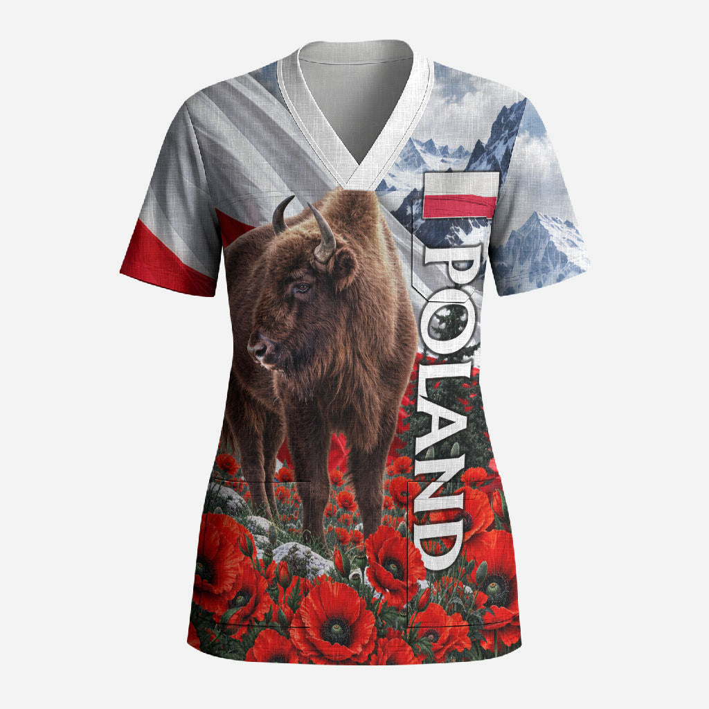 Poland Bison White Eagle Scrub Top Patriotic Flag Red Poppies Fighter Jet Mountain