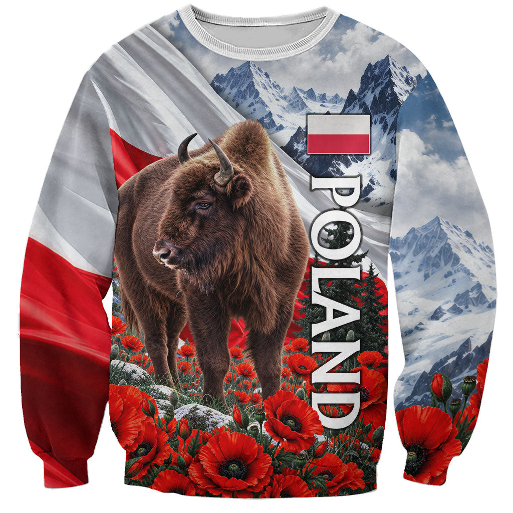 Poland Bison White Eagle Sweatshirt Patriotic Flag Red Poppies Fighter Jet Mountain
