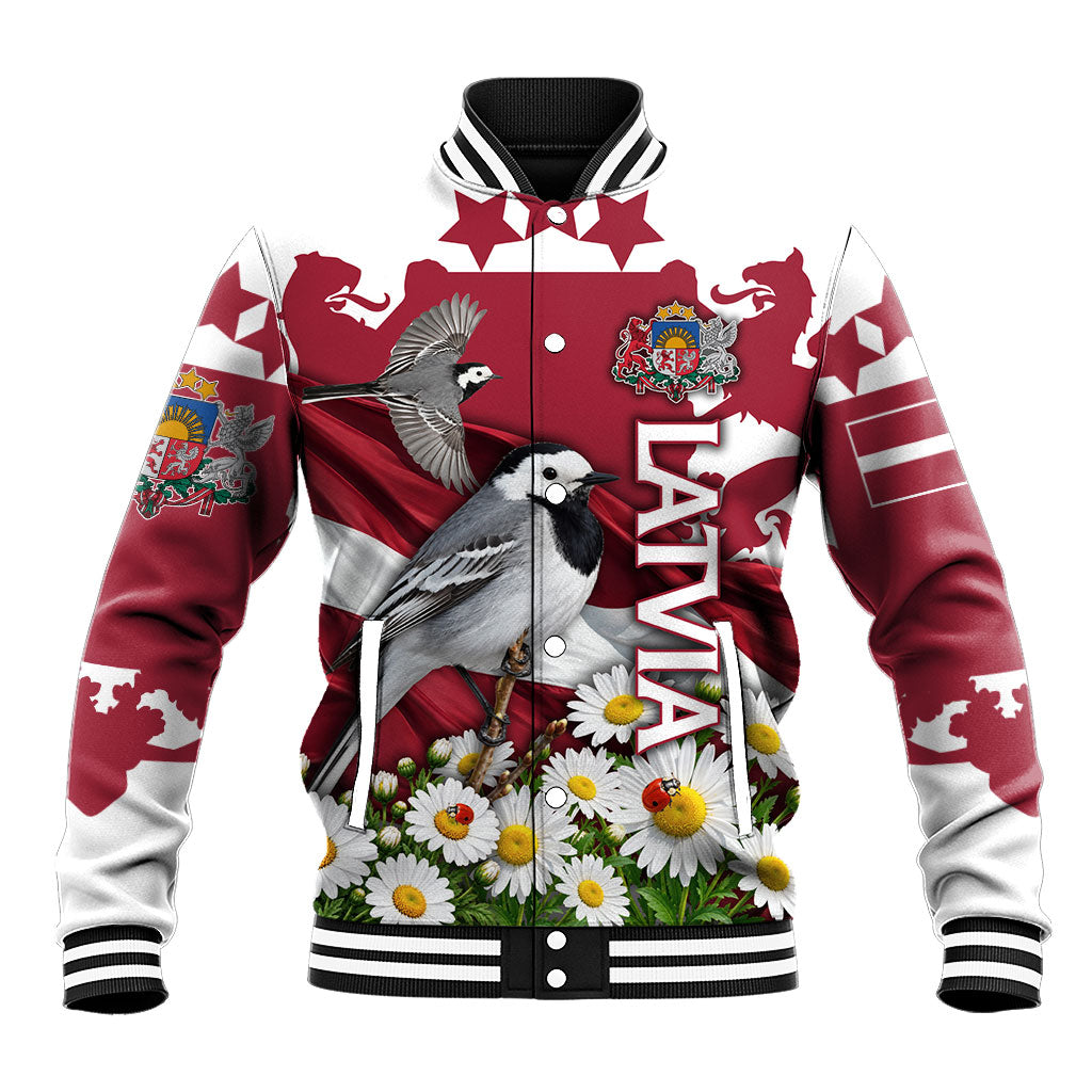 Personalized Latvia White Wagtail Baseball Jacket Patriotic Flag Coat Of Arms Daisy Floral Map Art