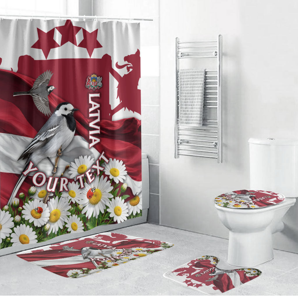 Personalized Latvia White Wagtail Bathroom Set Patriotic Flag Coat Of Arms Daisy Floral Map Art