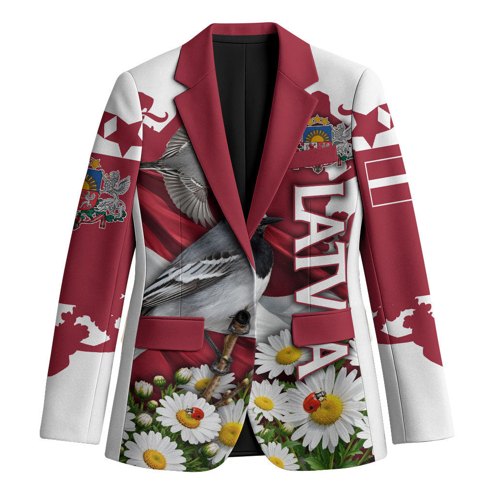 Personalized Latvia White Wagtail Blazer Patriotic Flag Coat Of Arms Daisy Floral Map Art
