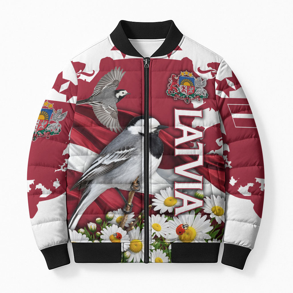 Personalized Latvia White Wagtail Bomber Puffer Jacket Patriotic Flag Coat Of Arms Daisy Floral Map Art