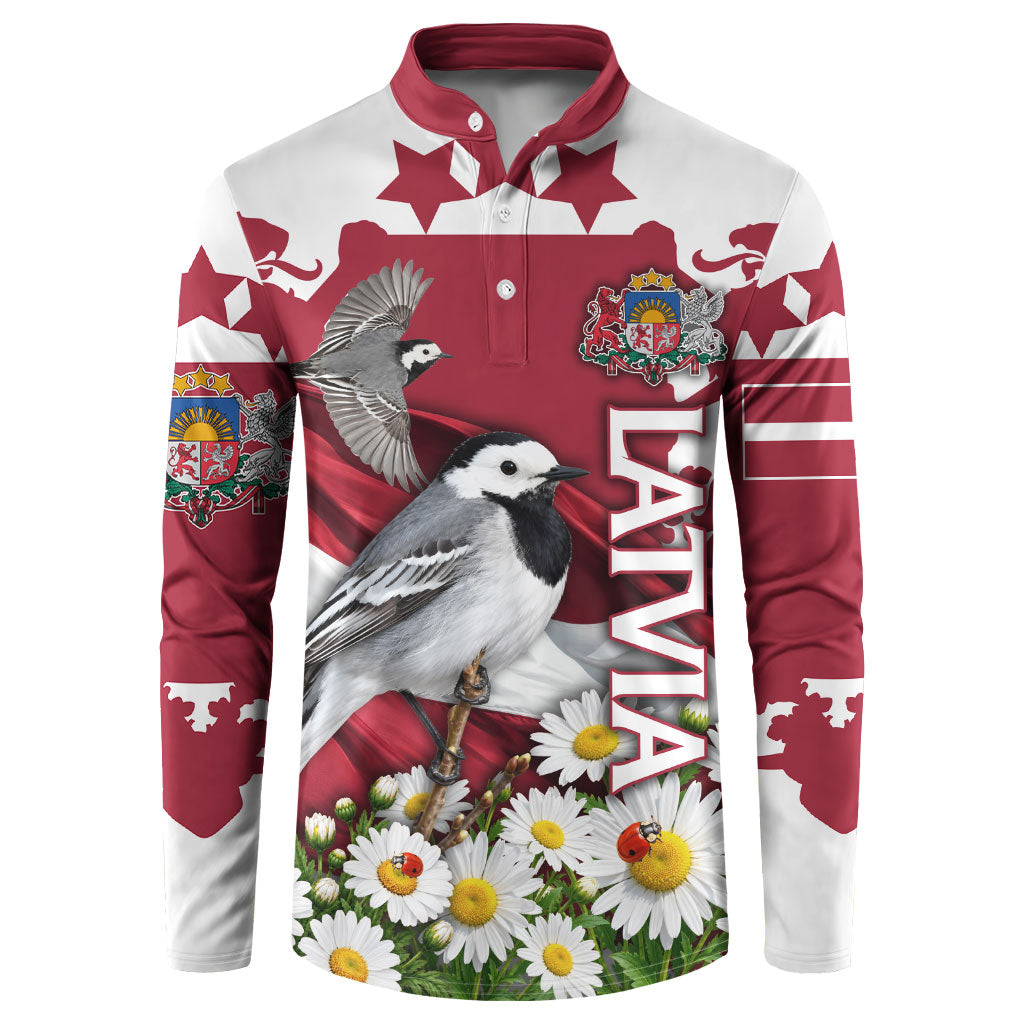 Personalized Latvia White Wagtail Button Sweatshirt Patriotic Flag Coat Of Arms Daisy Floral Map Art