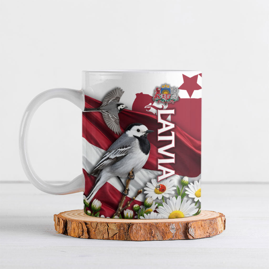 Personalized Latvia White Wagtail Ceramic Mug Patriotic Flag Coat Of Arms Daisy Floral Map Art