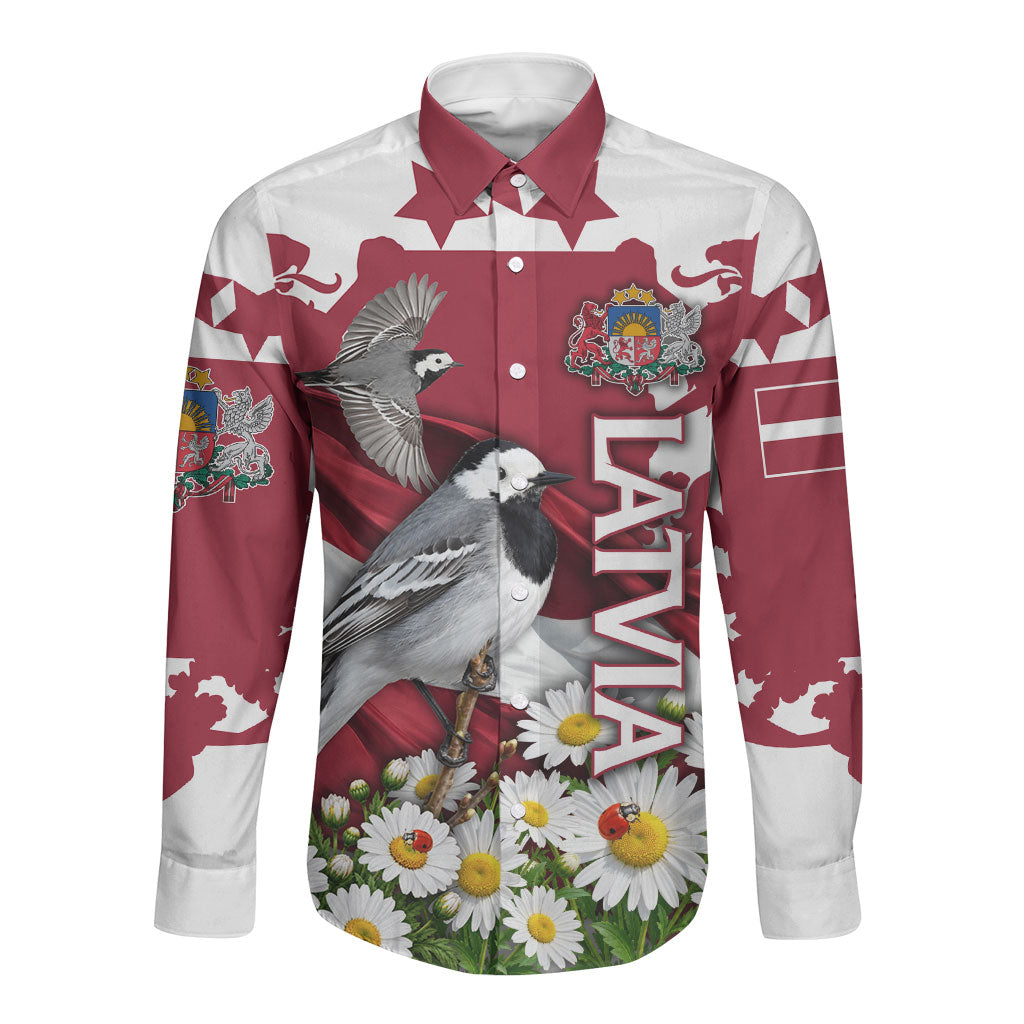 Personalized Latvia White Wagtail Long Sleeve Button Shirt Patriotic Flag Coat Of Arms Daisy Floral Map Art