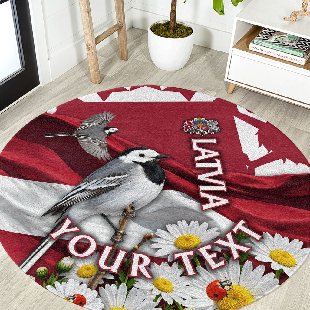 Personalized Latvia White Wagtail Round Carpet Patriotic Flag Coat Of Arms Daisy Floral Map Art