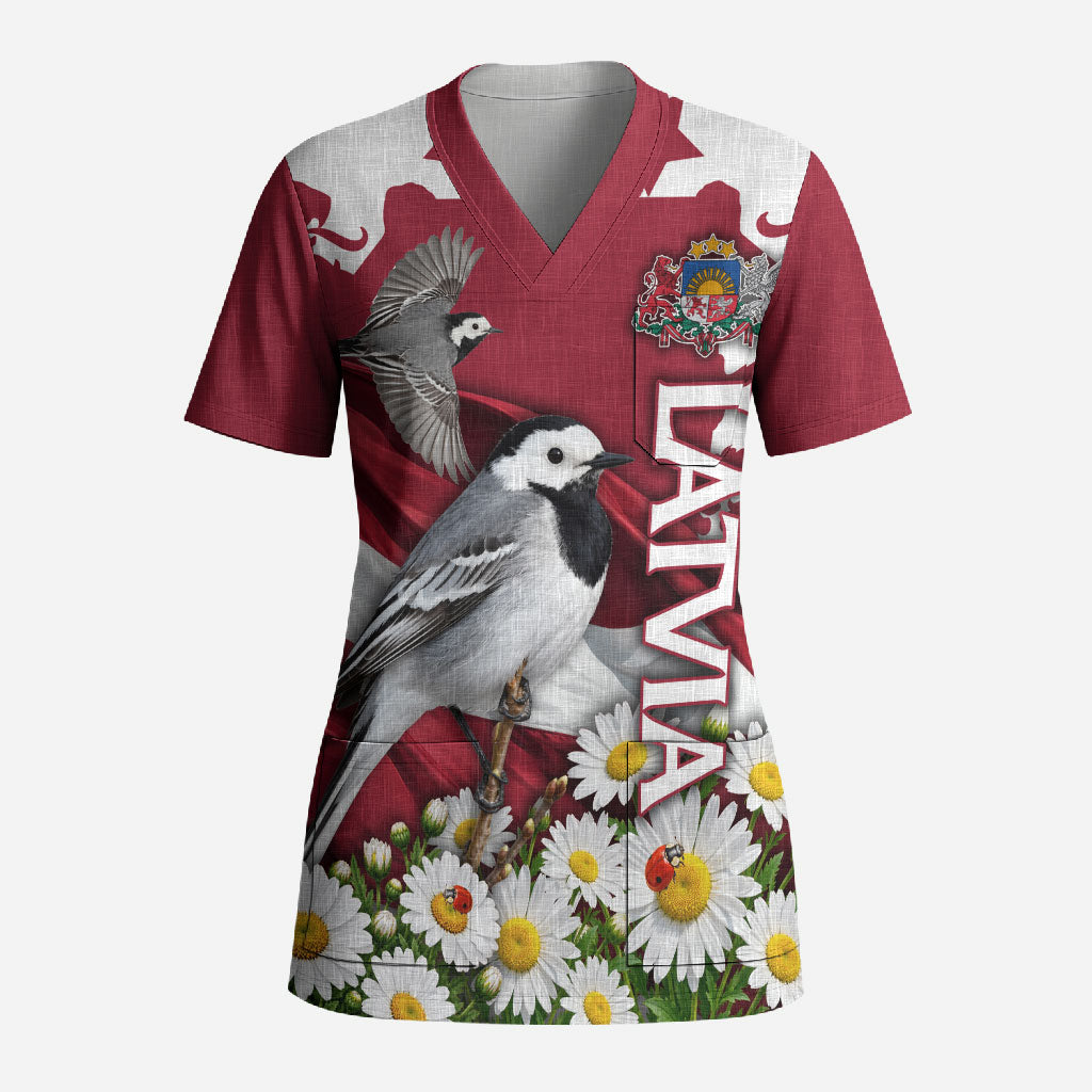 Personalized Latvia White Wagtail Scrub Top Patriotic Flag Coat Of Arms Daisy Floral Map Art