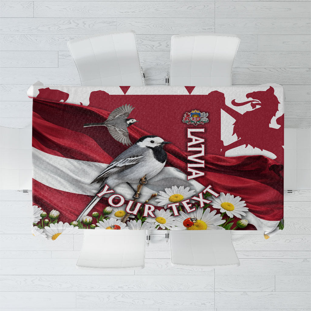 Personalized Latvia White Wagtail Tablecloth Patriotic Flag Coat Of Arms Daisy Floral Map Art