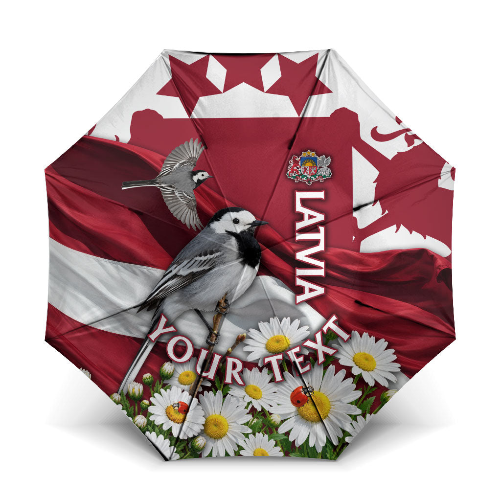 Personalized Latvia White Wagtail Umbrella Patriotic Flag Coat Of Arms Daisy Floral Map Art